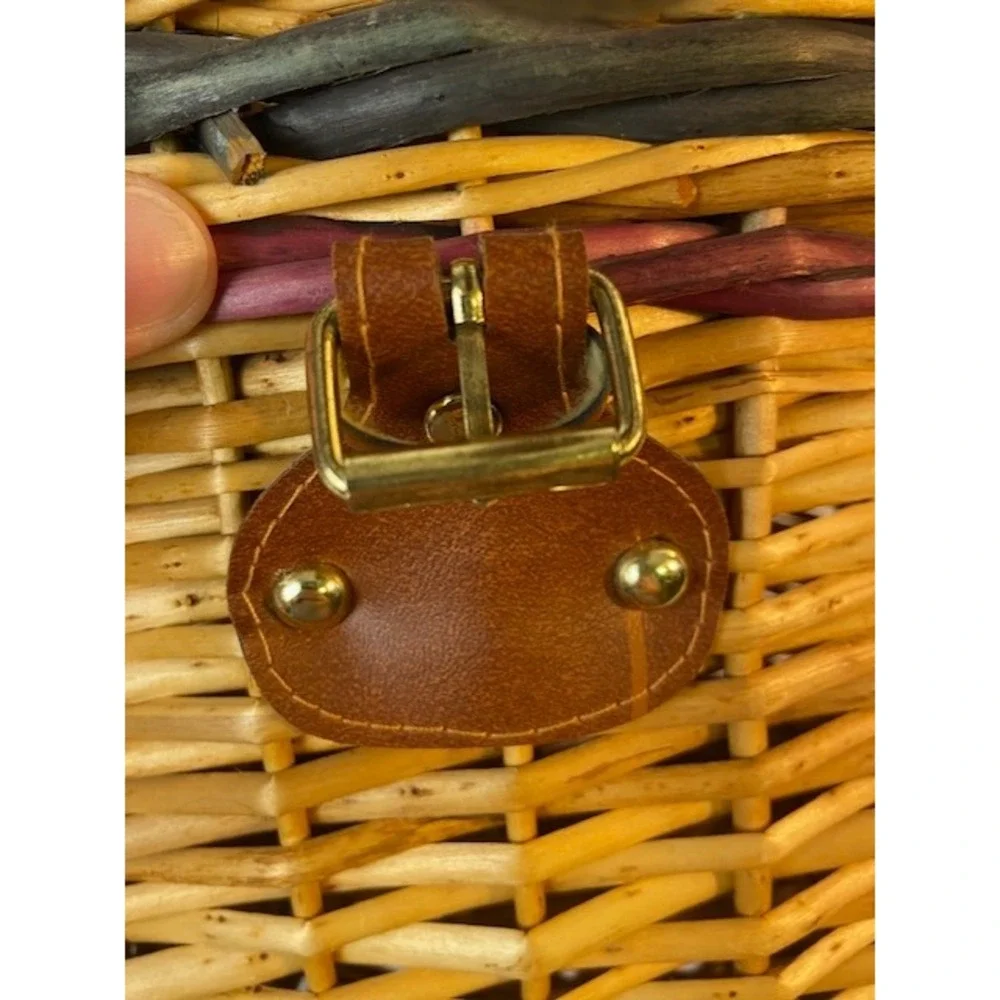 Vintage Wicker Basket Crossbody Bag Woven Picnic Purse Green Purple Accents